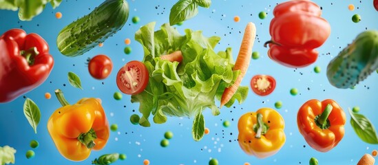 Canvas Print - Assorted fresh vegetables hovering above a blue backdrop: bell peppers, lettuce, carrots, tomatoes, basil leaves, cucumbers, onions, and peas drifting upwards - embracing a summer-ready