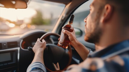 A man is driving a car while holding a bottle of alcohol in his hand. He is looking ahead, but his attention is clearly on the bottle. This is a dangerous and illegal action that can lead to serious