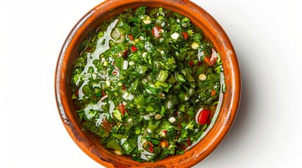 Chimichurri sauce, a fresh green herb blend, in a ceramic dish, top view, isolated on a clean white background with sharp studio lighting