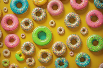 Wall Mural - A playful arrangement of frosted donuts on a neon yellow backdrop