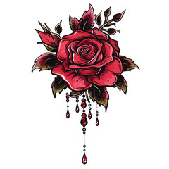 Wall Mural - A red rose with a chain hanging from it. The chain is dripping with blood. The rose is surrounded by a dark red background