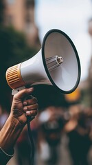 A person holds a large loudspeaker in front of a crowd, likely during a protest or rally. The megaphone is being used to amplify their voice and communicate with a large group of people. The speakers