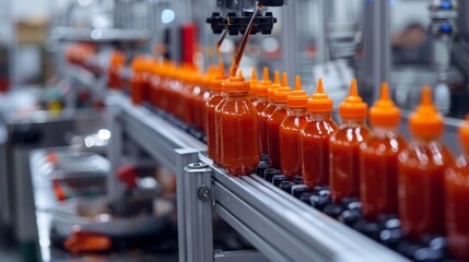 Wall Mural - Cutting-edge robotics on a Sriracha sauce production line, modern and clean factory setting, ensuring safety and quality, Asian cuisine integration