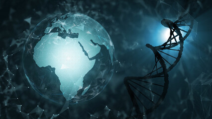 Wall Mural - earth globe world map and dna helix molecule on futuristic copy space illustration background.
