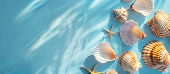 Wall Mural - Top view of seashells with underwater shadows against a blue background, with space for text