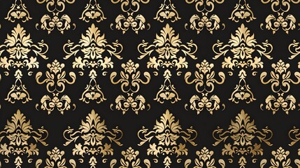 Wall Mural - Repeating Damask pattern with antique gold design on black background Floral ornament in baroque style