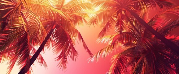 Wall Mural - A Tropical Palm Tree Under Sunset Skies Creates An Abstract Background, The Light Filtering Through Leaves In A Dance Of Shadows And Warm Hues