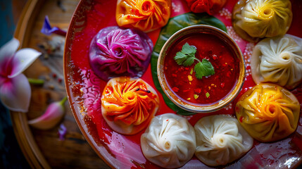 Top view of colorful dumpling with red hot sauce