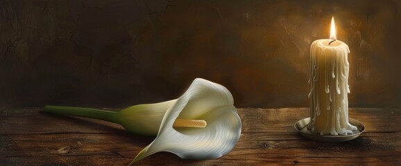 Canvas Print - A White Calla Flower, Pure And Elegant, Rests Beside A Warmly Glowing Candle On A Rustic Wooden Backdrop, Creating A Serene, Contemplative Atmosphere