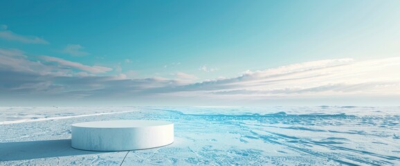 Canvas Print - A White Cylinder Snow Podium Stands Against A Winter Landscape With A Blue Sky, Providing A Serene Backdrop For Minimal Displays