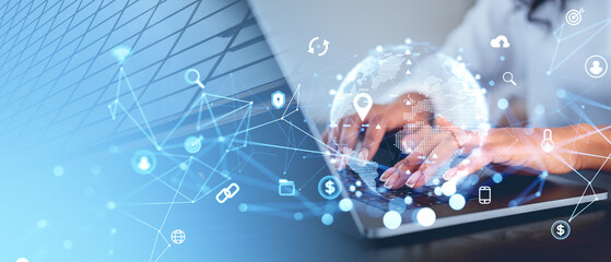 African woman hands typing on laptop, earth globe and internet of things icons