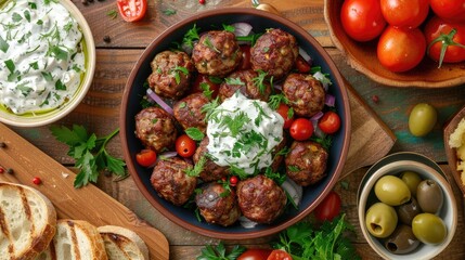 Greek food concept Top view of meatballs tzatziki sauce tomato salad baked peppers and olives