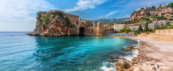 Wall Mural - Alanya Castle In The Antalya District Of Turkey Stands Proudly, A Historic Fortress Against The Backdrop Of A Vivid Mediterranean Landscape