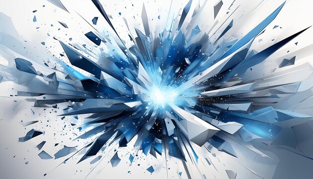 Explosion of blue and white crystal shards radiating from a central point in a digital abstract design. 