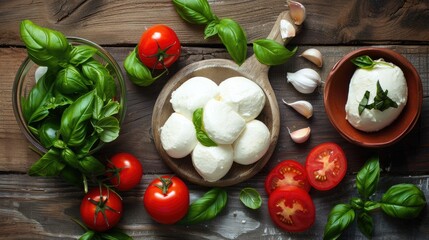 Canvas Print - Ingredients for making pizza with mozzarella tomatoes basil and garlic placed on a wooden table