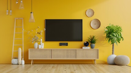 Wall Mural - Modern living room with TV on yellow wall and wooden plate over cabinet