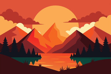 Wall Mural - Beautiful vector landscape illustration, peaceful warm sunrise over mountains, lake and forest. The concept of travel, hiking, outdoor activities and adventure vector illustration