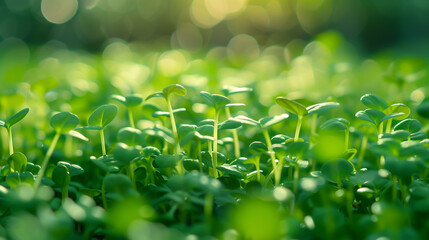 Wall Mural - Macro shot of young microgreens sprouts in sunlight. Close-up of tiny plants with bokeh background. Springtime growth and nature concept
