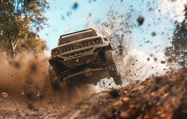 a mud covered off road vehicle is in the frame