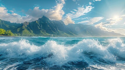 Wall Mural - Waves crashing on a tropical beach with mountains in background