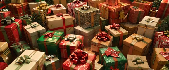 Canvas Print - A Plethora Of Christmas Presents Await, Each Box Wrapped In Festive Paper, Ready To Deliver Joy And Surprise To Their Recipients