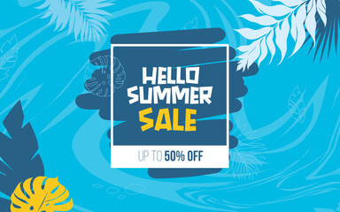 Creative Summer Sale Post Banner Design Template with Trendy Colors and Tropical Leaves Illustration