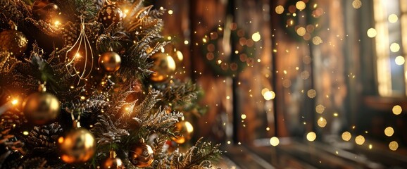 Canvas Print - A Rustic Wood Backdrop Enhances A Fir Tree Decorated With Sparkling Christmas Balls And Shimmering Lights