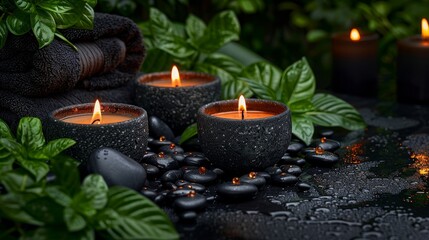 Candles, spa and wellness background with candles, stones, green plants and towels on the table.airbrush style 