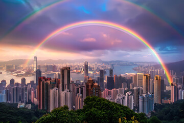 Wall Mural - A vibrant rainbow arching across the sky, symbolizing beauty, hope, and diversity, creating a stunning and uplifting natural spectacle