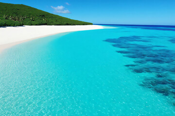 A beautiful tropical beach with turquoise waters and sandy shores under a sunny sky