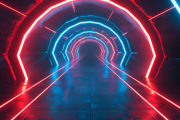 Wall Mural - Sci fi futuristic background wall tunnel with glowing neon lines lighting effects , A dark, cyberpunk, inspired setting adorned with neon grids and circuit like patterns