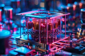 Sticker - A conceptual illustration of a quantum computer core with glowing circuitry and abstract quantum particles swirling around, depicting advanced technology and computing power