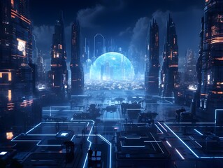 Poster - Futuristic Sci-Fi Cityscape with and Blockchain Technology