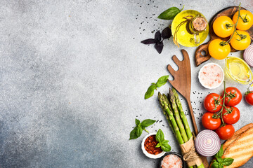 Wall Mural - Food banner. Vegetables, spices and herbs. Flat lay. Top view. Free copy space.