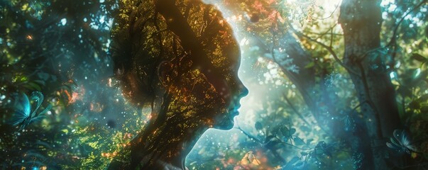 Wall Mural - Enchanted forest portrait, with forest backgrounds and magical elements, hyperrealistic 4K photo.