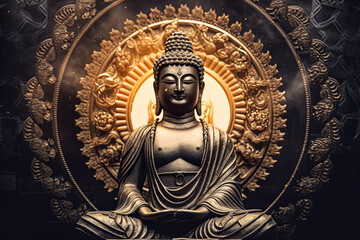 Wall Mural - A gold statue of a Buddha is sitting on a table.