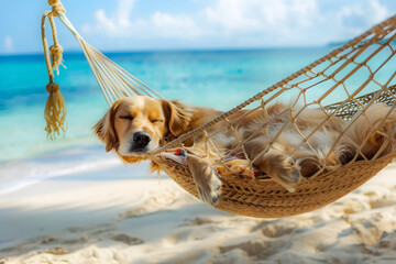 Wall Mural - Cute dog relaxing in wicker hammock on sandy beach.