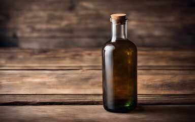 Wall Mural - Blank glass bottle on a rustic wooden table, soft natural lighting, product branding mockup