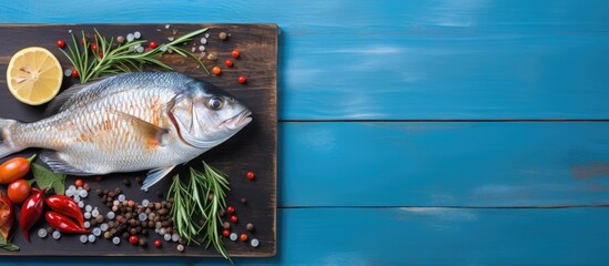 Sticker - A bream fish flavored with aromatic herbs and spices is expertly prepared in this serene copy space image set against a blue wooden background