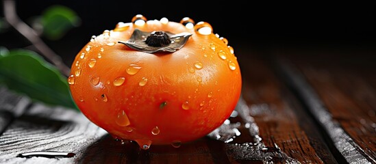 Canvas Print - A close up side view of a persimmon resting on a wooden background adorned with water droplets There is plenty of copy space available for text or additional elements