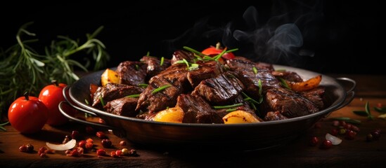 Wall Mural - A delectable dish of beef liver prepared with sweet cherry tomatoes and onions that have been caramelized to perfection An appetizing copy space image