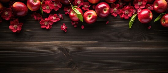 Poster - Autumn s bountiful harvest of red apples decorates a dark wooden background in a flat lay arrangement offering ample copy space for creativity