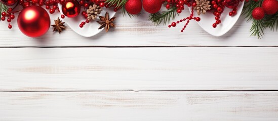 Poster - A festive Christmas holiday background featuring a red napkin and elegant cutlery arranged on a white wooden surface creating a copy space image