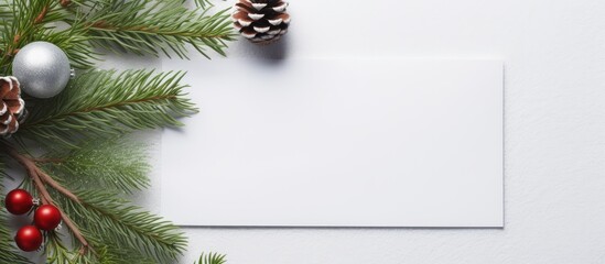Poster - A creative flat lay mock up scene featuring a nature inspired New Year s concept with a Christmas tree branch and a paper card note for a Christmas blank greeting card. Creative banner