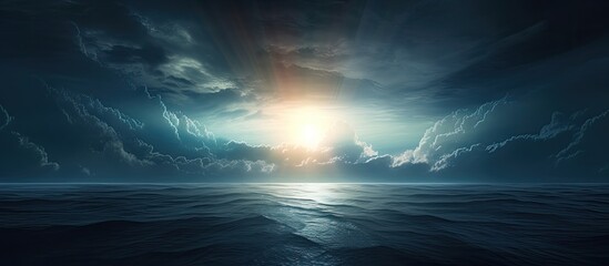 Poster - A stunning seascape with ominous dark clouds a radiant sun emerging from the horizon and distant ships creating a divine and dramatic copy space image