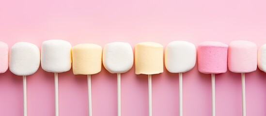 Canvas Print - Top view of various pastel colored marshmallows on sticks arranged on a pink pastel background providing a copy space image This conceptual flat lay represents a trendy food concept