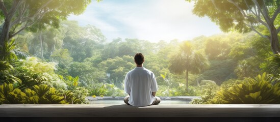 Canvas Print - A young man dressed in white is meditating on a white bench in a tropical park on a sunny day The scene offers a tranquil copy space image 120 characters