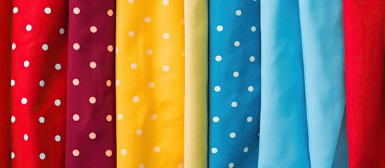 Wall Mural - Copy space image of vibrant polka dot napkins with a variety of colors including red sky blue and yellow set against a background of multi colored textile napkins