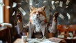 © tinnakorn - A fox in a suit sits at a desk surrounded by falling money, celebrating success.