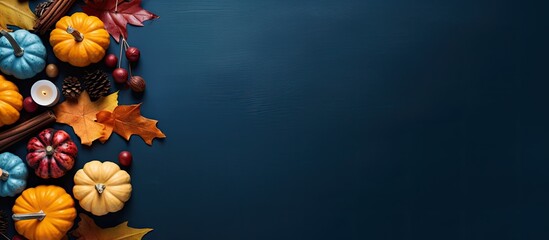 Poster - A Halloween and Thanksgiving themed composition is displayed on a deep blue background The flat lay arrangement includes yellow and orange pumpkins fallen leaves and candles The image provides a top